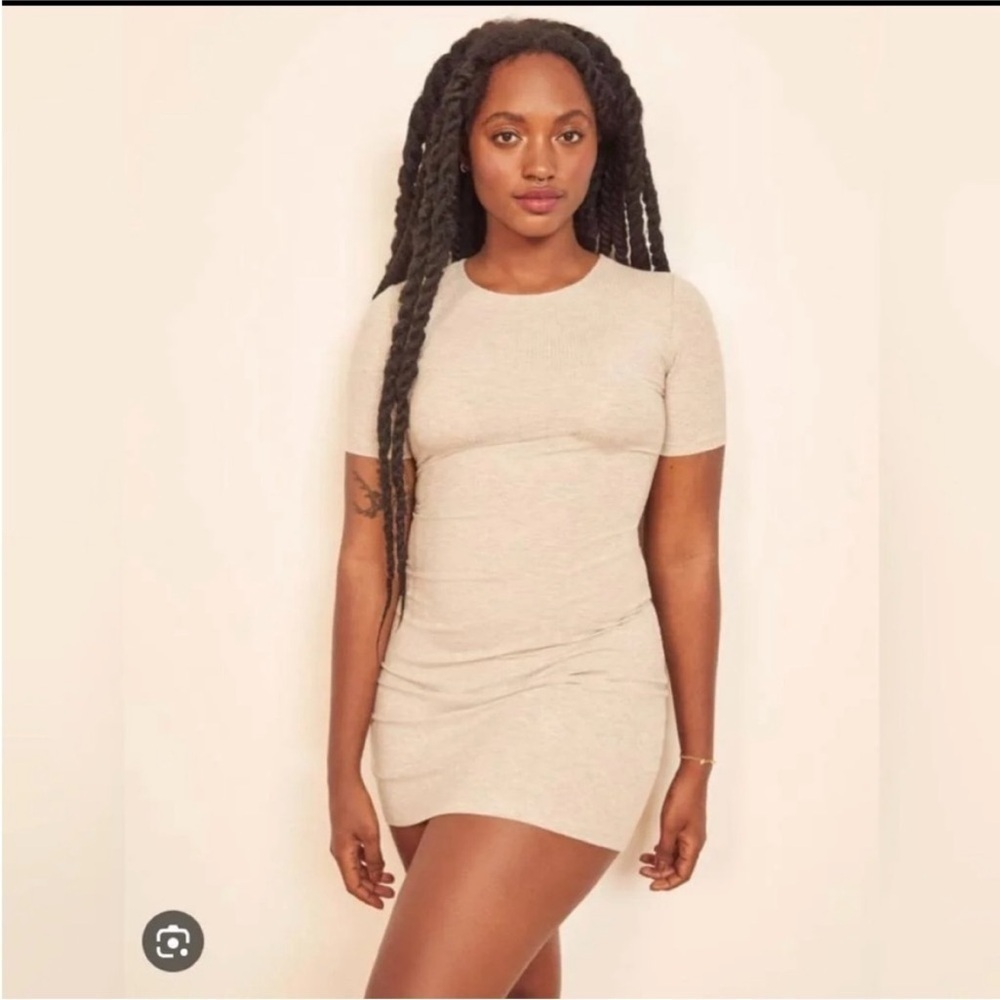 Reformation Kendy Bodycon Knit Dress Ribbed Short Sleeves Crewneck Marble Tan S